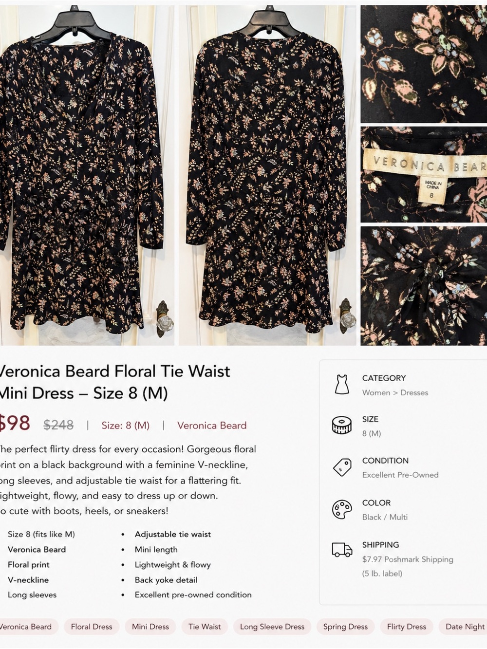 Veronica Beard Black Floral Tie-Waist Short Dress